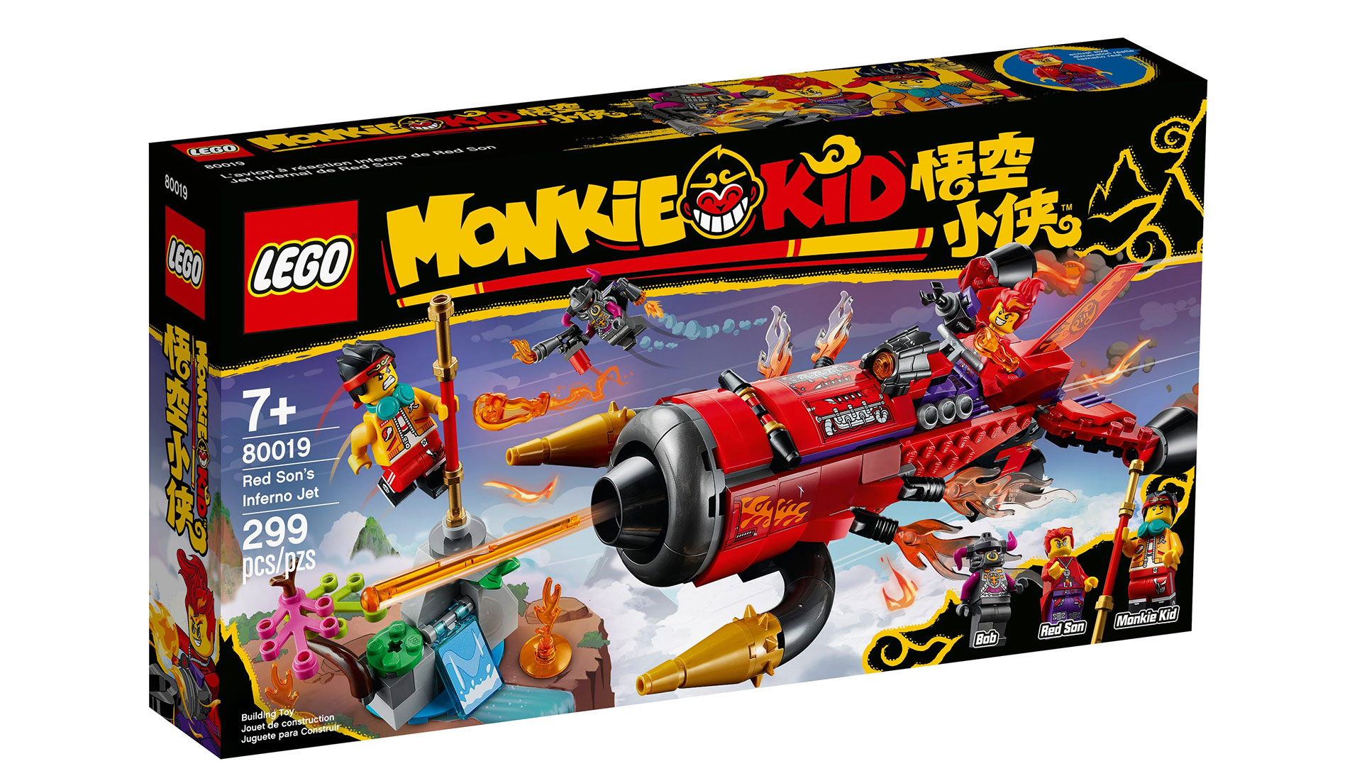 Spark children’s creativity with this action-packed LEGO® Monkie Kid™ toy playset (80019), featuring Red Son’s Inferno Jet, a Flower Fruit Mountain mini build and The Golden Staff. The jet features a minifigure cockpit and 2 spring-loaded shooters. A super gift idea for kids, this set also includes Monkie Kid, Red Son and Bob minifigures with weapons and accessory elements such as Red Son’s Power Glove and a LEGO toy jetpack to inspire fun, imaginative play.